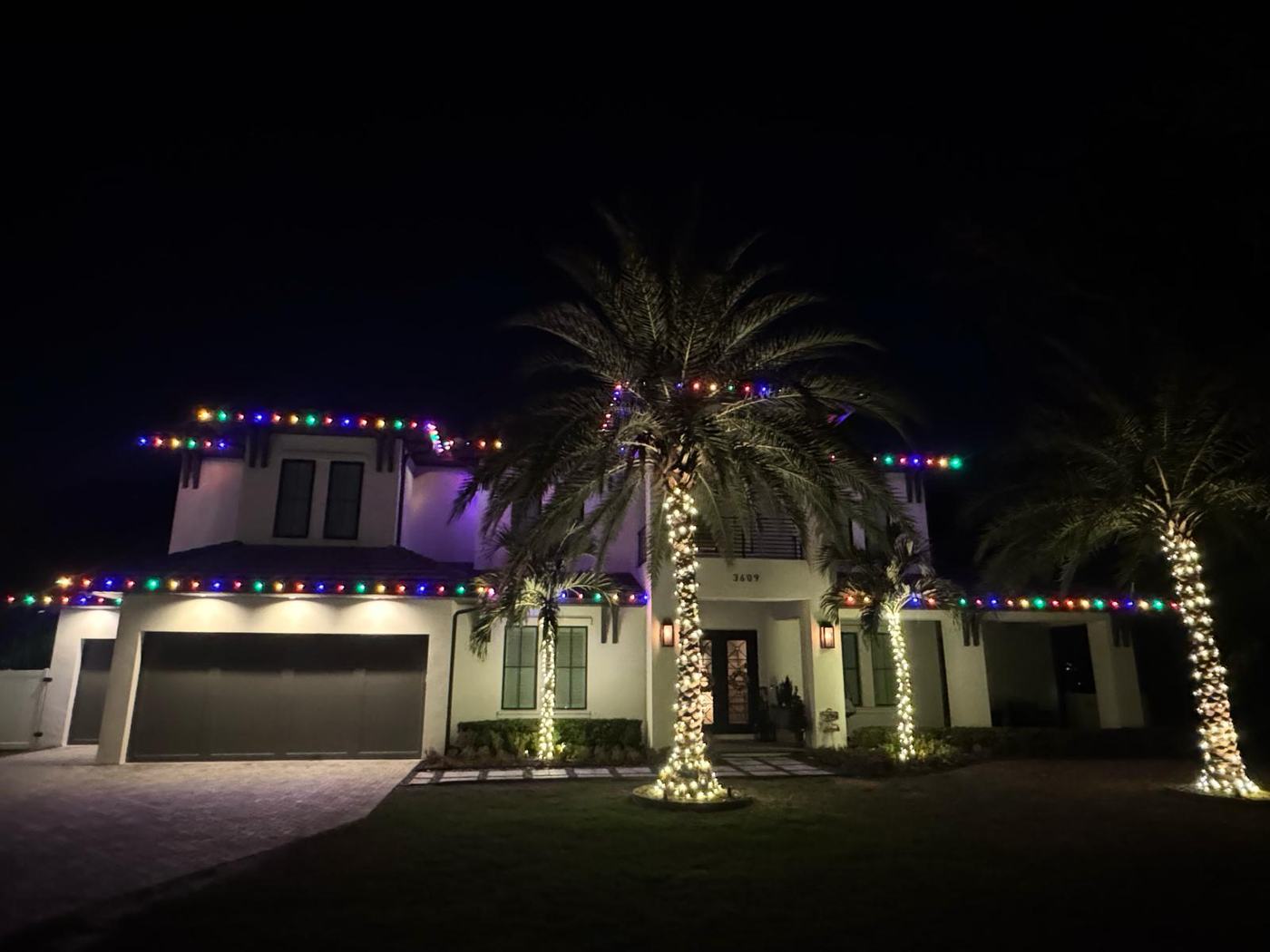 Multicolour roofline with warm white wrapped trees on a Florida home